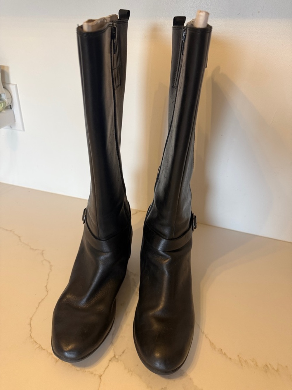 Clarks Black Leather Mid-Calf Wedge Boots with Buckles - Picture 2 of 6